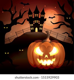 halloween pumpkin with haunted castle in dark night
