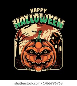 Halloween pumpkin with haunted house. vector illustration
