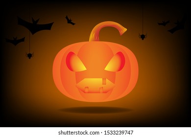 Halloween  pumpkin head and bat isolated on dark background. Vector illustration in flat style.
