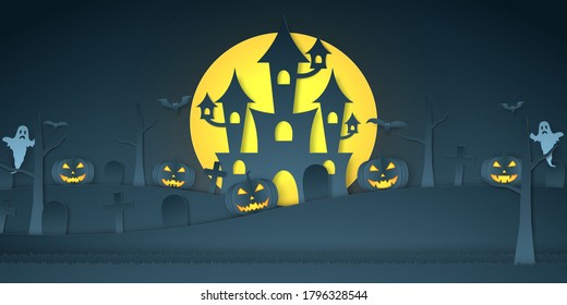 Halloween pumpkin head, castle, graveyard, bat, ghost and bright moon, paper art style