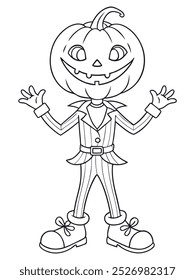 Halloween pumpkin head character in a suit, simple coloring page illustration