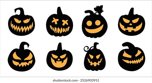 Halloween pumpkin head collection. Pumpkin with evil face. Halloween pumpkins with smirk smile. Vector stock illustration for sticker, wall decor, hanging door decoration.