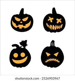 Halloween pumpkin head collection. Pumpkin with evil face. Halloween pumpkins with smirk smile. Vector stock illustration for sticker, wall decor, hanging door decoration.