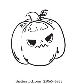 Halloween pumpkin head coloring. Handdrawn outlione autumn illustration with a funny pumpkin. Doodle pumpkin Trick or treat. Spooky outline face Pumpkin. Vector illustration isolated in cartoon style.