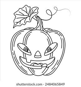 Halloween pumpkin head Coloring page. Cute and scary halloween pumpkin monster. Holidays cartoon character Hand drawn line art style for poster banner greeting card. Jack o lantern Vector illustration