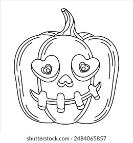 Cabeza de calabaza de Halloween para colorear página. Monstruo de calabaza de Halloween lindo y aterrador. Días festivos de dibujos animados de carácter dibujado a mano línea de estilo de arte para el póster Anuncio tarjeta de felicitación. Ilustración vectorial de Jack o lantern