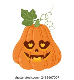 Halloween pumpkin head. Cute and scary halloween pumpkin monster. Holidays cartoon character Hand drawn trendy flat style isolated icon for poster, banner, greeting card. Vector illustration