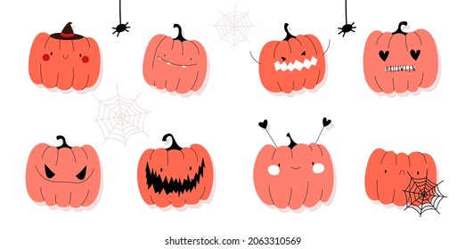 Halloween pumpkin head with different emotions in hand drawn style. Vector stock illustration