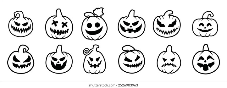 Halloween pumpkin head. Pumpkin with evil face. Halloween pumpkins with smirk smile. Vector stock illustration outline style for sticker, wall decor, hanging door decoration.