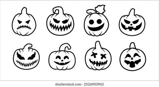 Halloween pumpkin head. Pumpkin with evil face. Halloween pumpkins with smirk smile. Vector stock illustration outline style for sticker, wall decor, hanging door decoration.