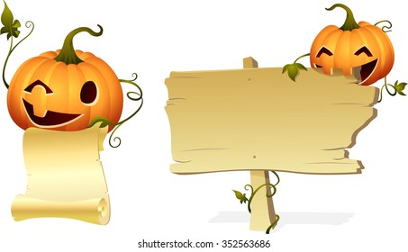 Halloween Pumpkin Head Invites-Jack Lantern holding a list and another one biting wooden sign