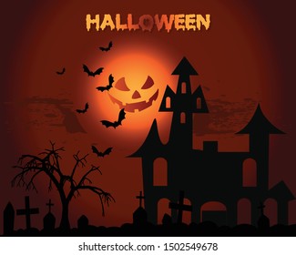 Halloween pumpkin head jack lantern with burning candles in scary deep night forest