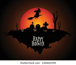Halloween pumpkin head jack lantern with burning candles in scary deep night forest