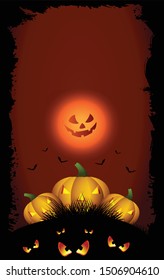 Halloween pumpkin head jack lantern with burning candles in scary deep night forest