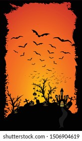 Halloween pumpkin head jack lantern with burning candles in scary deep night forest