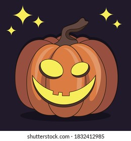 Halloween pumpkin head jack lanterns on dark background. The main symbol of the Happy Halloween holiday. Orange pumpkin with smile. Vector illustration