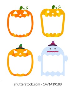 Halloween pumpkin head (jack o lantern) illustration (mouth open) set with ghost illustration / text space 