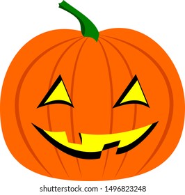 Halloween Pumpkin head jack o lantern, orange with green stalk and yellow light in its grinning mouth