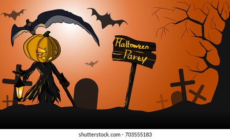 Halloween Pumpkin head Jack on orange Moon,Happy Halloween vector illustration.Jack o latern