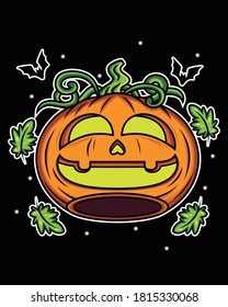 Halloween pumpkin head with leaf and bats on black background. Vector cartoon Illustration. Halloween pumpkin isolated.