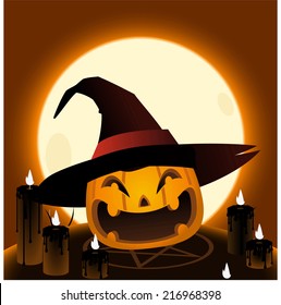 Halloween pumpkin head magic ritual cartoon illustration