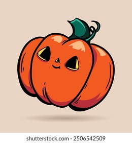 Halloween pumpkin head mascot logo. Handdrawn autumn illustration with a funny pumpkin. Doodle pumpkin Trick or treat. Spooky kawaii face Pumpkin. Vector illustration isolated in cartoon style.