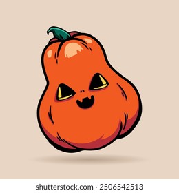 Halloween pumpkin head mascot logo. Handdrawn autumn illustration with a funny pumpkin. Doodle pumpkin Trick or treat. Spooky kawaii face Pumpkin. Vector illustration isolated in cartoon style.