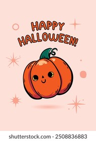 Halloween pumpkin head on greeting card. Hand drawn autumn illustration with a funny pumpkin. Doodle pumpkin Trick or treat. Spooky kawaii face Pumpkin. Vector illustration isolated in cartoon style.