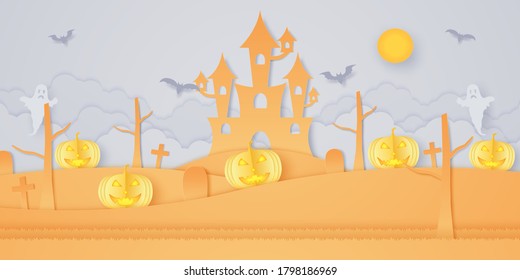 Halloween pumpkin head on hill with castle, graveyard, bat, ghost and bright moon, paper art style
