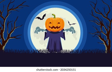 Halloween pumpkin head on moon background, bats, trees in scary and colorful night.