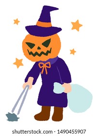 Halloween pumpkin head picks up trash