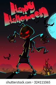 Halloween  pumpkin head scarecrow. Vector poster for Halloween party