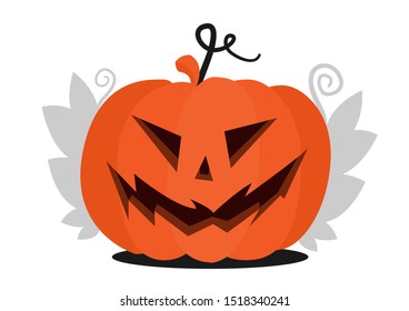 Halloween pumpkin head with scary face for Halloween. With leaves. Flat illustration for the holiday All Saints Day. White background