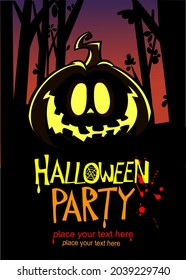 Halloween pumpkin head with scary face expression. Vector cartoon illustration of jack-o-lantern monster character design with carved emotion isolated on the night background with trees and moon
