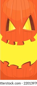 Halloween pumpkin head with scary face expression. Vector cartoon illustration of glowing jack-o-lantern monster character design with carved emotion isolated on the black background