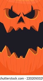 Halloween pumpkin head with scary face expression. Vector cartoon illustration of glowing jack-o-lantern monster character design with carved emotion isolated on the black background
