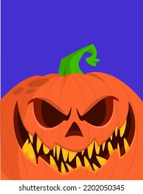 Halloween pumpkin head with scary face expression. Vector cartoon illustration of glowing jack-o-lantern monster character design with carved emotion isolated on the black background