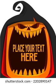 Halloween pumpkin head with scary face expression. Vector cartoon illustration of glowing jack-o-lantern monster character design with carved emotion isolated . 