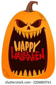 Halloween pumpkin head with scary face expression. Vector cartoon illustration of glowing jack-o-lantern monster character design with carved emotion isolated . 