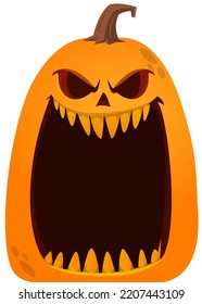 Halloween pumpkin head with scary face expression. Vector cartoon illustration of glowing jack-o-lantern monster character design with carved emotion isolated . 