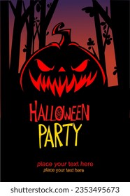 Halloween pumpkin head with scary face expression. Vector illustration of jack-o-lantern design with carved emotion isolated on the night background with trees. Party poster or greeting card.