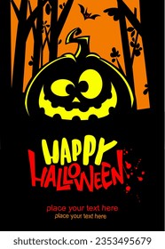 Halloween pumpkin head with scary face expression. Vector illustration of jack-o-lantern design with carved emotion isolated on the night background with trees. Party poster or greeting card.