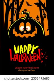 Halloween pumpkin head with scary face expression. Vector illustration of jack-o-lantern design with carved emotion isolated on the night background with trees. Party poster or greeting card.