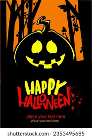 Halloween pumpkin head with scary face expression. Vector illustration of jack-o-lantern design with carved emotion isolated on the night background with trees. Party poster or greeting card.