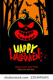 Halloween pumpkin head with scary face expression. Vector illustration of jack-o-lantern design with carved emotion isolated on the night background with trees. Party poster or greeting card.