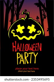 Halloween pumpkin head with scary face expression. Vector illustration of jack-o-lantern design with carved emotion isolated on the night background with trees. Party poster or greeting card.