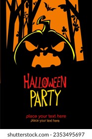 Halloween pumpkin head with scary face expression. Vector illustration of jack-o-lantern design with carved emotion isolated on the night background with trees. Party poster or greeting card.