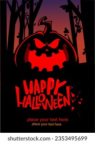 Halloween pumpkin head with scary face expression. Vector illustration of jack-o-lantern design with carved emotion isolated on the night background with trees. Party poster or greeting card.