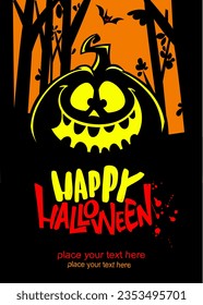 Halloween pumpkin head with scary face expression. Vector illustration of jack-o-lantern design with carved emotion isolated on the night background with trees. Party poster or greeting card.