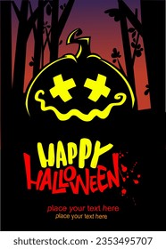 Halloween pumpkin head with scary face expression. Vector illustration of jack-o-lantern design with carved emotion isolated on the night background with trees. Party poster or greeting card.